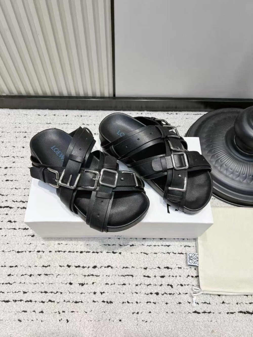 Loewe Black Leather Multi‑Strap Crisscross Buckle Slide Sandals - Picture 5 of 9